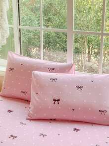 3件套（1件床裙，2件枕套）粉色白色小圆点蝴蝶结印花荷叶边床裙，全覆盖防尘罩，裙边床裙三件套，褶皱床裙配2个枕套床上用品套装 - 甜美風趣 - 查看 3