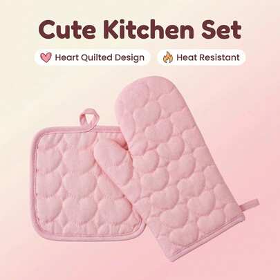Bộ 4 món găng tay lò nướng và miếng lót nồi hình trái tim dễ thương, làm bằng cotton mềm mại chịu nhiệt, màu hồng, thích hợp để nướng và nấu nướng (Bao gồm 2 găng tay lò nướng và 2 miếng lót nồi).