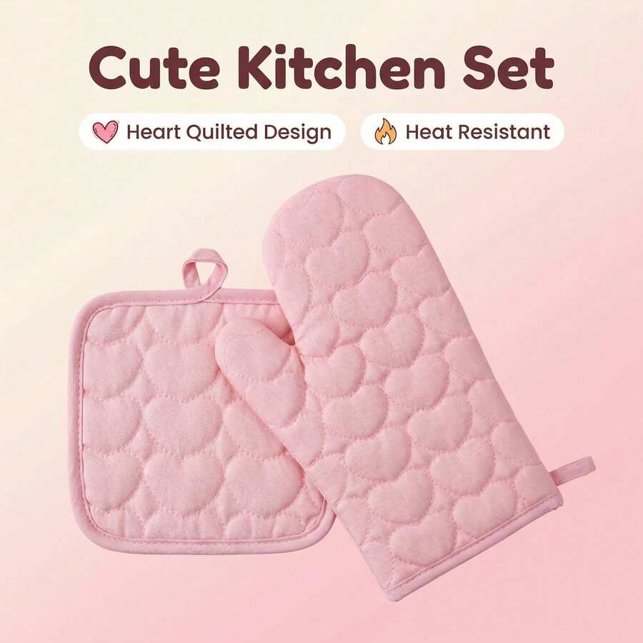 Bộ 4 món găng tay lò nướng và miếng lót nồi hình trái tim dễ thương, làm bằng cotton mềm mại chịu nhiệt, màu hồng, thích hợp để nướng và nấu nướng (Bao gồm 2 găng tay lò nướng và 2 miếng lót nồi). - Hồng - Xem 1