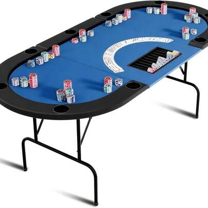 Tavolo da poker ovale per 10 giocatori – Tavolo da salotto in stile casinò – 9 portabicchieri in acciaio inox – Sponda imbottita resistente all'acqua – Gambe in metallo pieghevoli – Ideale per partite a casa di Blackjack e Texas Hold'em