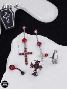 5pcs Gothic Punk Style Steel Navel Rings Set - Bat Cross Snake Cat Heart Dangle Navel Piercing Jewelry, Suitable For Women To Wear Daily, Party, Halloween, Summer Travel, Wedding, Birthday And Other Occasions - Black - View 6