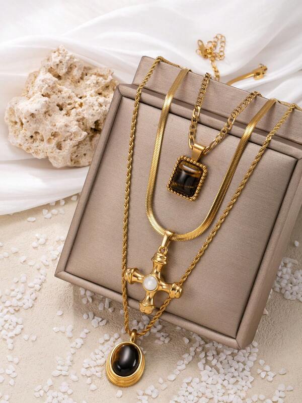 3pcs Set Vintage Luxury Stainless Steel Tiger Eye Stone Cross Layered Necklace, Suitable For Women's Daily Wear And Holiday Accessories