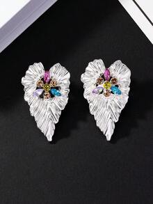 1 par de elegantes y coloridos pendientes de hoja con rhinestones, adecuados para uso diario, citas, vacaciones, mejor regalo para el Día de la Madre - Dorado - Ver 3