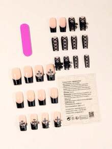 Y2K Dark Gothic False Nails, 24Pcs Medium Square Black French Design With Cross Stud Details, Smooth Reusable Nail Art For Streetwear & Holiday Looks - Nhiều màu - Xem 3