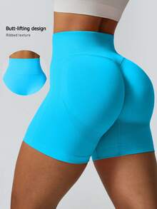 NcmRyu 1 chiếc quần short thể thao nữ không đường may, có gân, cạp cao, nâng mông, mềm mại và thoải mái. - Màu xanh lam - Xem 2
