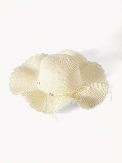 Opalesca 波西米亚风单件夏季清新简约波浪大草帽，韩版仿珍珠休闲防晒沙滩帽