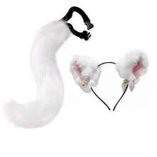 手工制作逼真猫耳发箍，狐狸尾巴配饰，动漫动物耳尾套装带铃铛项圈 - 灰色2件套裝 - 查看 18