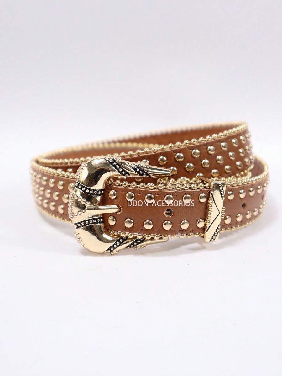 Women's Western Belt 2.8cm With Gold Studs And Vintage Buckle - 鏽棕色 - 查看 1