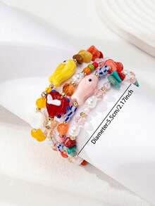 4pcs/Set Glass Beads Bracelets, Boho Handmade Ceramic Fish Bead Bracelets Set For Women, Spring/Summer Jewelry (Note: The Ceramic Fish Beads May Have Air Bubbles And Black Spots, Which Are Normal And Not Quality Issues) - Multicolor - View 3