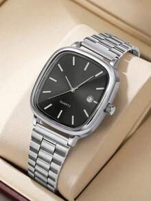 1pc Men's Quartz Watch Stainless Steel Strap Business Minimalist Bar Scale Retro Square With Calendar Function Dial Used For Daily Wear Party Decoration Or Father's Day Birthday Various Festival Gifts For Fathers And Brothers - Multicolor - View 2