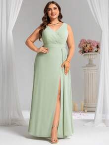 Plus Romantic V Neck Sleeveless Ruched Bust High Split Bridesmaid Dresses For Wedding Party Wedding Guest - Mint Green - View 4