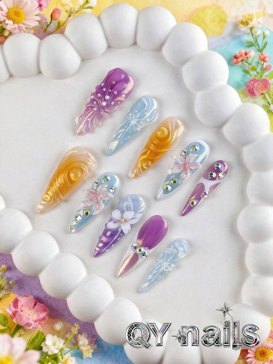 10 miếng dán móng tay hình hạnh nhân dài, kiểu dáng mùa xuân dễ thương, có thể tháo rời, phù hợp cho tiệc tùng, khiêu vũ, sử dụng hàng ngày, tiệc sinh viên, hóa trang công sở, kèm keo dán và dũa móng tay. - Nhiều màu - Xem 1