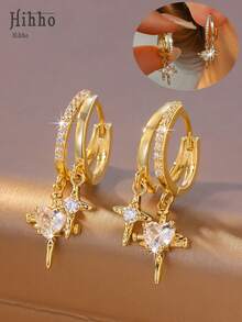 Hihho 1 Pair High-End Design French Style Double Cross & Heart Stud Earrings, Zirconia Inlaid, Versatile For Daily Wear, Festivals, Vacations, Parties, Fashionable Accessory - Cross Earrings - View 3