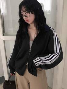 女士休闲宽松立领夹克 黑色 - 黑色 - 查看 2