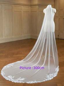 1pc Long White Single Layer Lace Cathedral Bridal Veil With Metal Comb - trắng - Xem 5