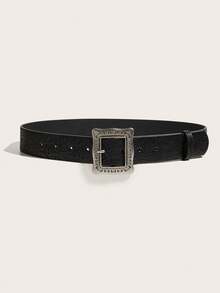 1pc Women's Retro Silver Square Buckle Printed Black Waist Belt, Suitable For Dresses And Coats - Black - View 2