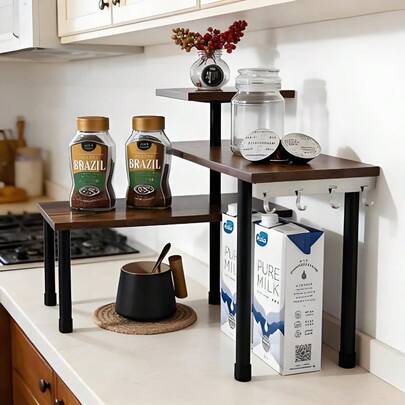 3 Tier Corner Bamboo Countertop Organizer With Hooks, Rustic Brown, Kitchen & Bathroom Storage Shelf For Toiletries & Cosmetics