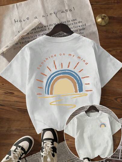 女士复古彩虹太阳印花短袖圆领T恤，清新舒适百搭，适合日常通勤、外出旅行，春夏服装，大码上衣