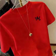 Women's Simple Pattern Printed Short Sleeve, Round Neck T-Shirt, Pattern T-Shirt Women's Top Loose And Comfortable Summer - 紅色 - 查看 8