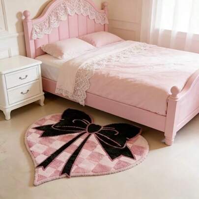 1pc Pink Heart-Shaped Bow Carpet, Pink Plaid Design, Soft Fluffy Bedroom Rug, Fashion Home Decor, Suitable For Living Room, Bedside, Sofa, Wardrobe And Resting Area, Great Gift, Spring/Summer Theme Decorative Carpet