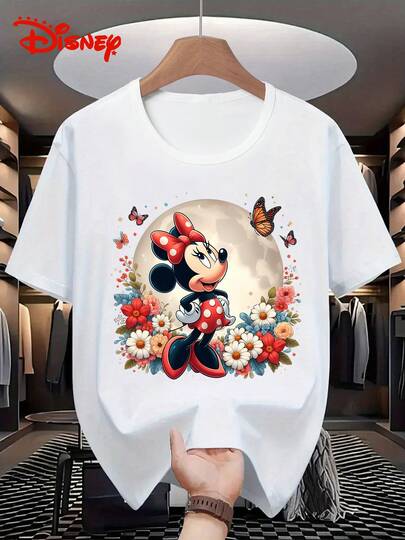 Disney 1 pieza Camiseta de manga corta para hombre de corte holgado con estampado de Minnie Mouse, cuello redondo, elástica, adecuada para uso diario, material de fácil cuidado, camiseta casual de moda para hombres, camiseta de manga corta