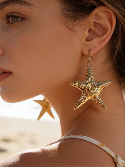1 Pair Women's European And American Bohemian Style Golden Spiral Starfish Dangle Earrings, Vintage Beach Vibe Earrings For Women