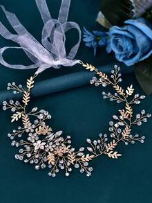 1pc Gold Leaf Handmade Crystal Bridal Sash/Belt, Suitable For Wedding Dress, Evening Gown - Gold - View 3