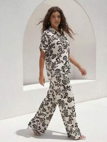 ZIAI 春季波西米亚风女装，夏季休闲复活节印花两件套上衣和裤子 - 黑色 - 查看 4