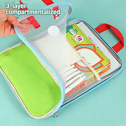 L型开口文件袋，便携式透明网状主题收纳袋，带提手，多口袋A4背包，用于存放学习用品、作业和文件