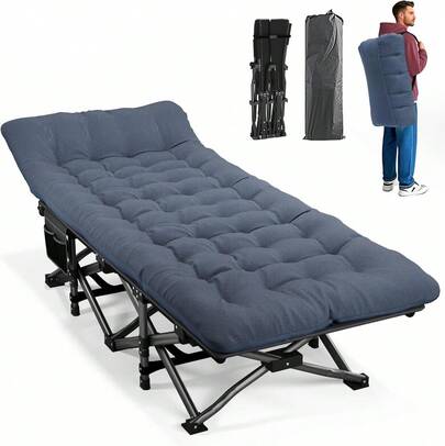 Camping Cot Adults With Cushion Comfortable, Portable Folding Bed Sleeping Supports 450 Lbs (Blue)