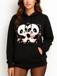 Fall Clothes For Women Long Sleeve Pullover Hoodie,Cute Panda Couple Love Graphic.Black, Tops For Women, Tops, Women Clothes, Clothes, Plus Size Tops, Hoodie, Pullover, Casual Wear, Autumn Fashion, Couple Outfit, Cartoon Graphic Style - Color 1 - View 1