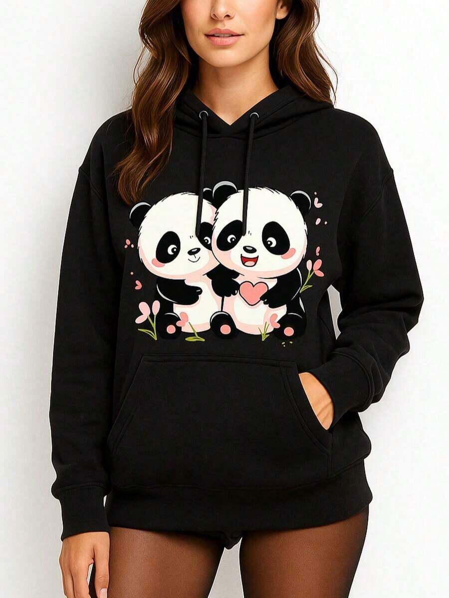 Fall Clothes For Women Long Sleeve Pullover Hoodie,Cute Panda Couple Love Graphic.Black, Tops For Women, Tops, Women Clothes, Clothes, Plus Size Tops, Hoodie, Pullover, Casual Wear, Autumn Fashion, Couple Outfit, Cartoon Graphic Style - Color 1 - View 1
