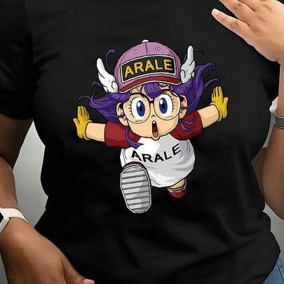 Camiseta para Mujer con Diseño de Arale de Dragon Ball Estilo Chibi Grafica Animada Color Negro Talla Regular