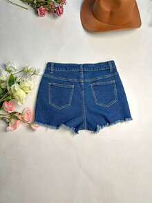 Women's Street-Style Washed Frayed Hem Stretchy Fitted Denim Shorts, Casual Daily Wear With Pockets, Suitable For Spring/Summer, Back To School - Giặt vừa - Xem 8