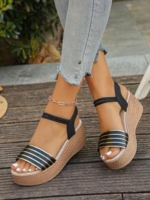1 Pair Summer Wedge Sandals For Teenagers, Suitable For Daily Outings, Vacation, Beach, Fashion Versatile, Lightweight, Comfortable Casual Thick-Soled Sandals - Black - View 3