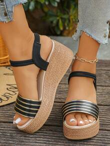 1 Pair Summer Wedge Sandals For Teenagers, Suitable For Daily Outings, Vacation, Beach, Fashion Versatile, Lightweight, Comfortable Casual Thick-Soled Sandals - Black - View 6