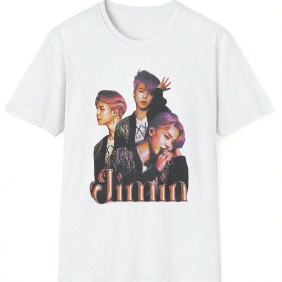 BTS _Jimin_ Collage T-Shirt _ Retro Script Name - 白色 - 查看 1
