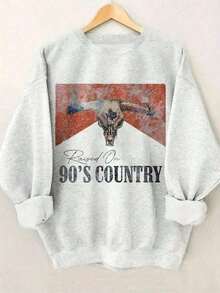 90s Country Western Bull Graphic Retro Women Sweatshirt, Women's Casual Dropped Shoulder Crew Neck Long Sleeve PulloverWomen's Festive Crew Neck Sweatshirt2026 - 灰色 - 查看 12