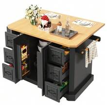 Mobile Kitchen Island, Kitchen Unit, Kitchen Trolley With 2 Doors And 6 Drawers, With Wheels, (120x45(75)X91 Cm), White/Black - Black - View 1