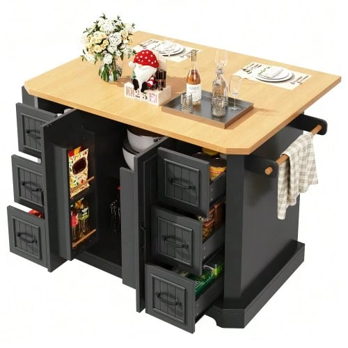 Mobile Kitchen Island, Kitchen Unit, Kitchen Trolley With 2 Doors And 6 Drawers, With Wheels, (120x45(75)X91 Cm), White/Black - Black - View 1