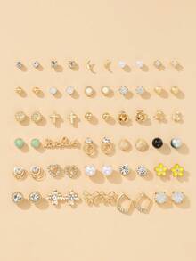 30 Pairs Assorted Cute & Fashionable Flower, Bow, Star, Geometric Pattern Stud Earrings Set, Versatile For Daily, Casual, Work Wear - Yellow Gold - View 7