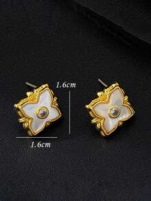 1对白色珍珠母贝四叶草幸运耳环，几何系列菱形简约奢华日常佩戴耳环，女士款 - 白色 - 查看 4