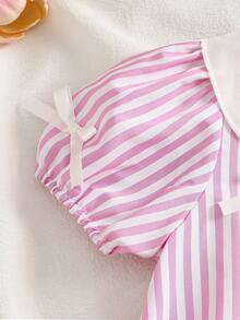 New Girls' Pink And White Striped Peter Pan Collar Puff Sleeve Shirt Dress With Bow Details, Summer Casual Dress - Baby Pink - View 7