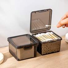 2pcs/4pcs Cotton Swab Box, Makeup Pad Storage Box, Plastic Square Transparent Gray Plastic Box, Makeup Remover Pad Storage, Dental Floss Storage Box, Cosmetic Storage Box, Makeup Tool Storage Box, Bathroom Accessories, Portable/Travel Storage Box - Grey - View 1