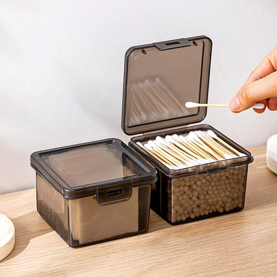 2pcs/4pcs Cotton Swab Box, Makeup Pad Storage Box, Plastic Square Transparent Gray Plastic Box, Makeup Remover Pad Storage, Dental Floss Storage Box, Cosmetic Storage Box, Makeup Tool Storage Box, Bathroom Accessories, Portable/Travel Storage Box - Grey - View 1