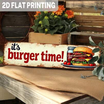 1pc 2D Flat Vintage "Burger Time" Metal Wall Decor - Retro Diner Burger Poster - Heavy Duty Farmhouse Kitchen Decor, Suitable For Man Cave, Game Room - Burger Lover Gift - No Wiring Easy Hanging - Large Size 3.93x15.74 Inches (10x40cm), Classic American Style, Restaurant Decoration, Nostalgic Design