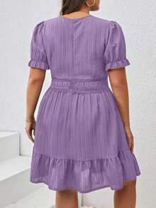 SHEIN VCAY Plus Size Lace Patchwork Puff Sleeve Summer Dress - 藏蓝色 - 查看 8