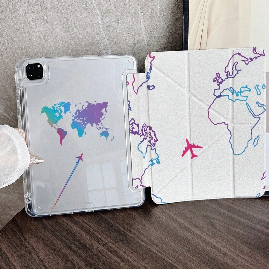 1pc Gradient World Map & Airplane Route Print Tablet Protective Case With Pencil Slot, Compatible With IPad 10.9/10.2/Air 5th Gen/Pro11/10th/9.7/Air 2/(7th Gen)/(8th Gen)/Air 4/5/Pro 11/10th Generation 10.9 Inch 2022 Model, Smart Sleep/Wake Function, Fashionable Tablet Accessory, Suitable For Mi 5/5PR/6/6PRO/7/7PRO/Galaxy Tab S10+/S9/A9 - Multicolor - View 1