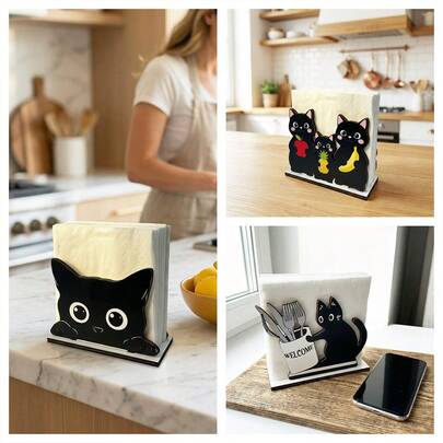1/3 قطعة حامل مناديل خشبي على شكل قطة سوداء جميلة مثالي لتزيين البار أو المكتب أو محل القهوة أو طاولة السرير. وهو أيضًا هدية رائعة لعشاق القطط.