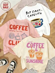 3pcs Summer New Fashionable Versatile Casual Minimalist Floral & Coffee Print Round Neck Short Sleeve T-Shirts For Women - Multicolor - View 1